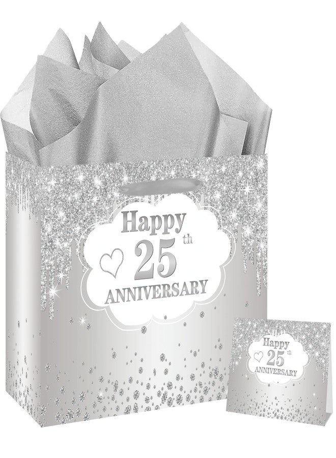 RTMISA 25th Anniversary Themed Gift Bag with Tissue Paper and Greeting Card Silver Wedding Anniversary Paper Gifts Wrapping Bag for Wife Husband Couple, Happy 25 Years Party Decorations Supplies - Image 1